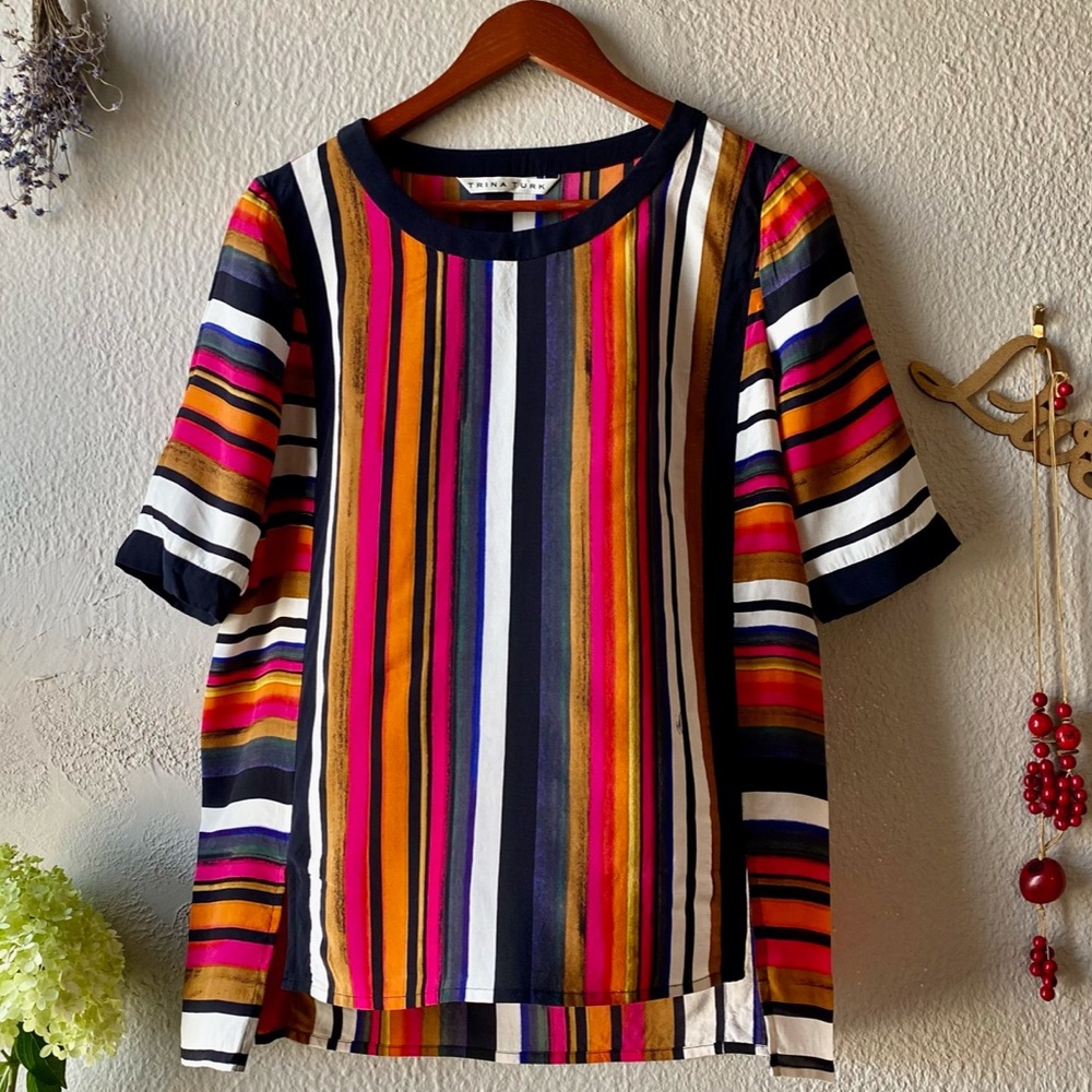 Trina Turk 100% Silk Multicolor Striped Top M